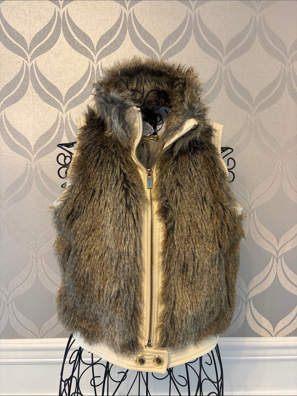 Sugarfly Faux Fur Hooded Vest in Brown with Cream Trim